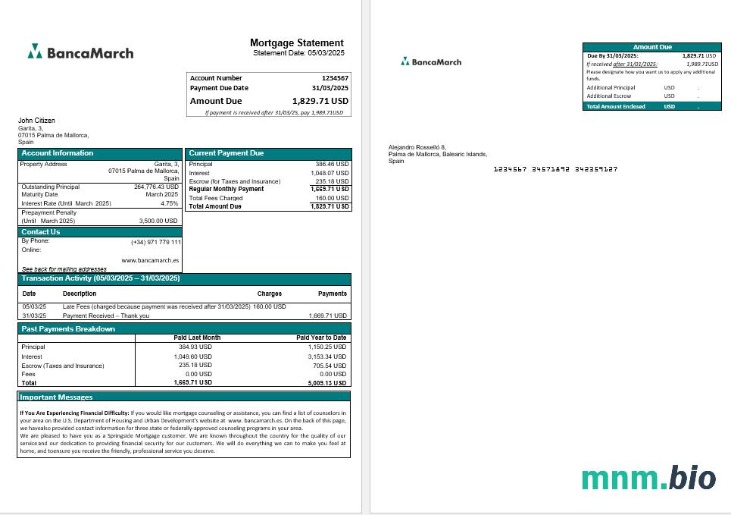 Hiszpania Banca March wyciąg z kredytu hipotecznego w formatach Word i PDF